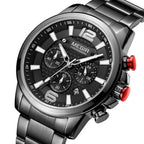 MEGIR 2156 men's chronograph watch, black case with black dial and black steel bracelet, angled view