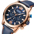 MEGIR 2156 men's chronograph watch, rose-gold case with blue dial and blue leather strap, angled view