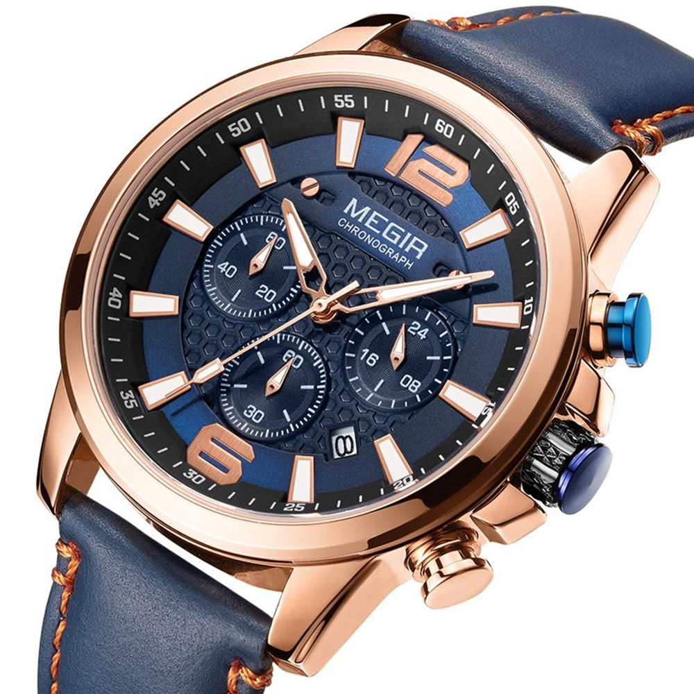 MEGIR 2156 men's chronograph watch, rose-gold case with blue dial and blue leather strap, angled view