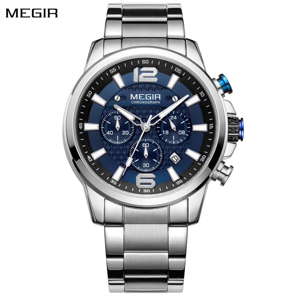 MEGIR 2156 men's chronograph watch, silver case with blue dial and stainless steel bracelet, front view