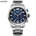 MEGIR 2156 men's chronograph watch, silver case with blue dial and stainless steel bracelet, front view