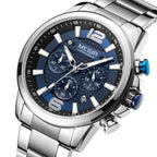 MEGIR 2156 men's chronograph watch, silver case with blue dial and stainless steel bracelet, three-quarter view