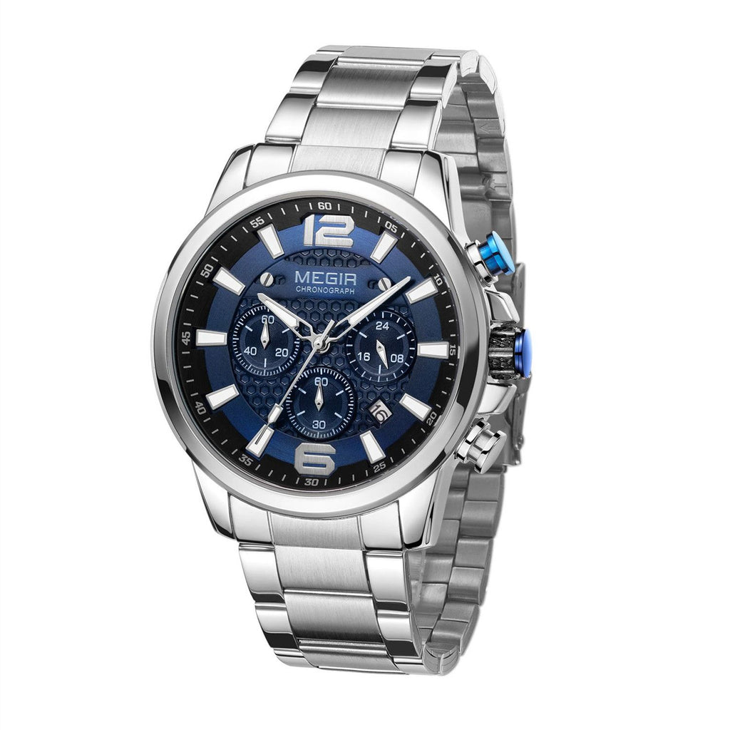 MEGIR 2156 men's chronograph watch, silver case with blue dial and stainless steel bracelet, angled view