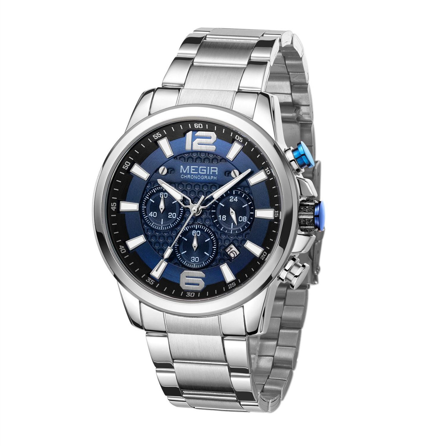 MEGIR 2156 men's chronograph watch, silver case with blue dial and stainless steel bracelet, angled view