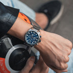 MEGIR 2156 men's chronograph watch on the wrist, silver case with blue dial and stainless steel bracelet