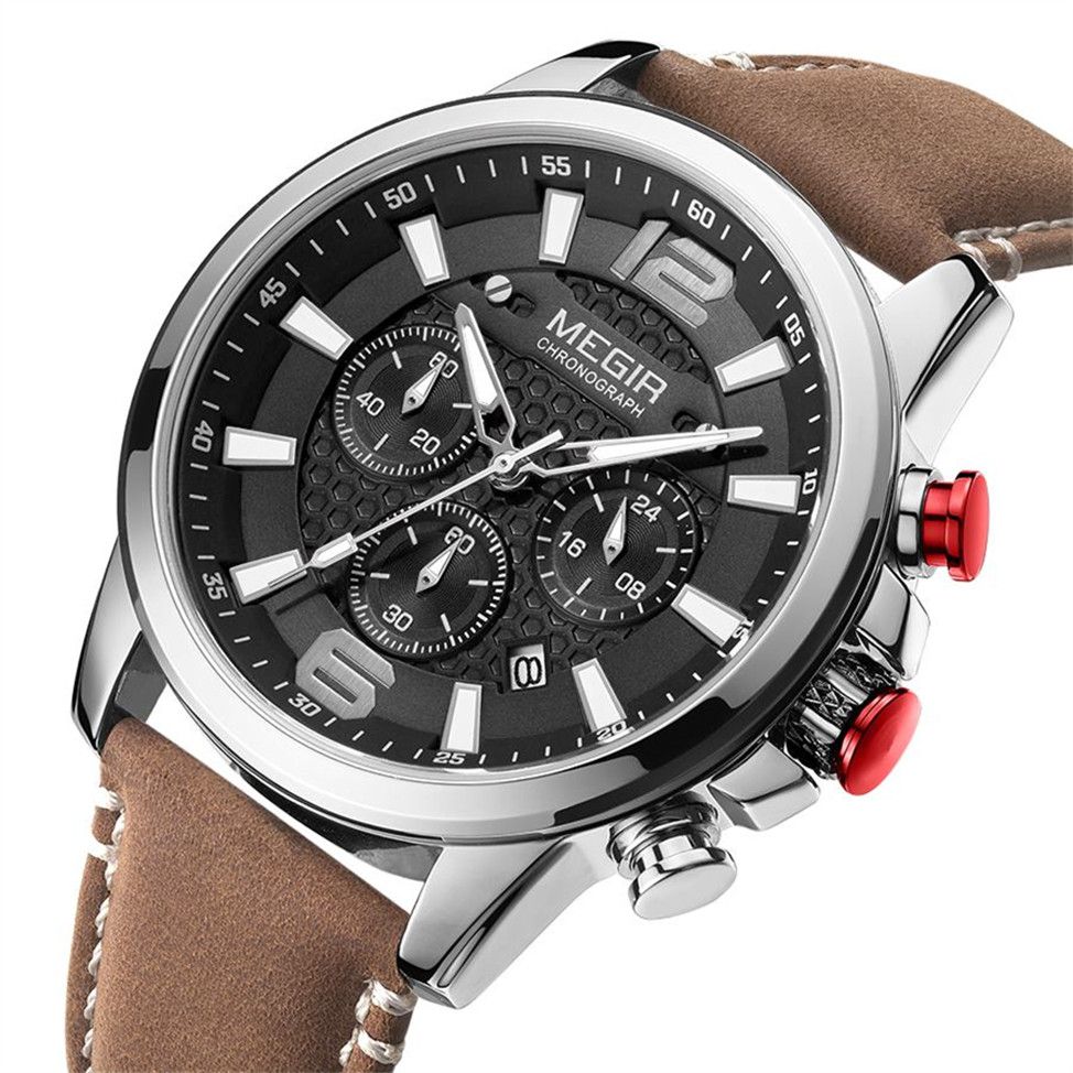 MEGIR 2156 men's chronograph watch, silver case with black dial and brown leather strap, angled view