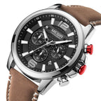 MEGIR 2156 men's chronograph watch, silver case with black dial and brown leather strap, angled view