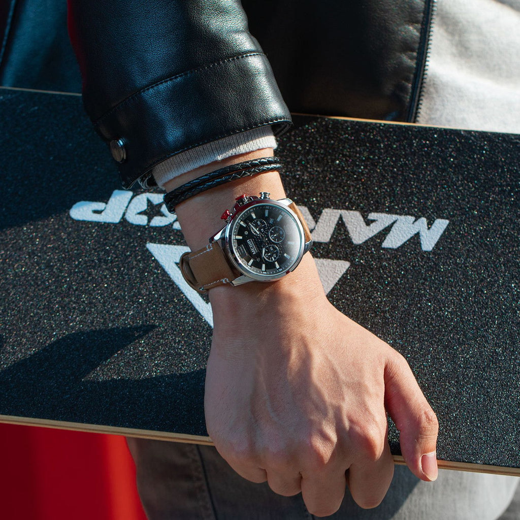 MEGIR 2156 men's chronograph watch on the wrist, silver case with black dial and brown leather strap