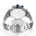 MEGIR 2156 men's chronograph watch caseback with engravings and stainless steel bracelet with clasp