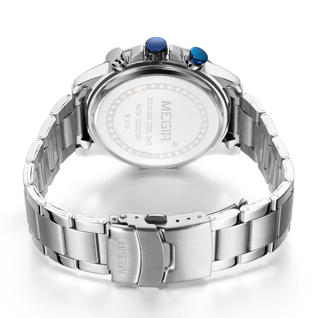 MEGIR 2156 men's chronograph watch caseback with engravings and stainless steel bracelet with clasp