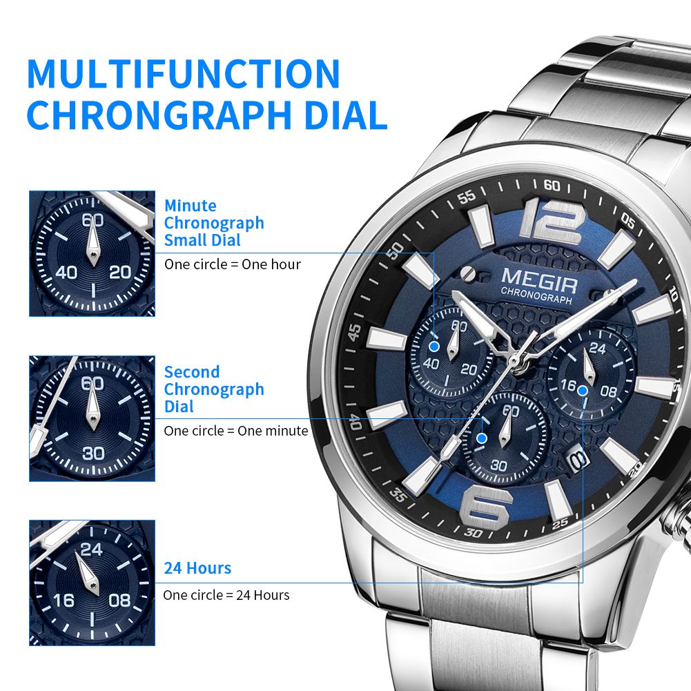 MEGIR 2156 men's chronograph watch feature graphic explaining the minute, second and 24-hour sub-dials