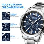 MEGIR 2156 men's chronograph watch feature graphic explaining the minute, second and 24-hour sub-dials