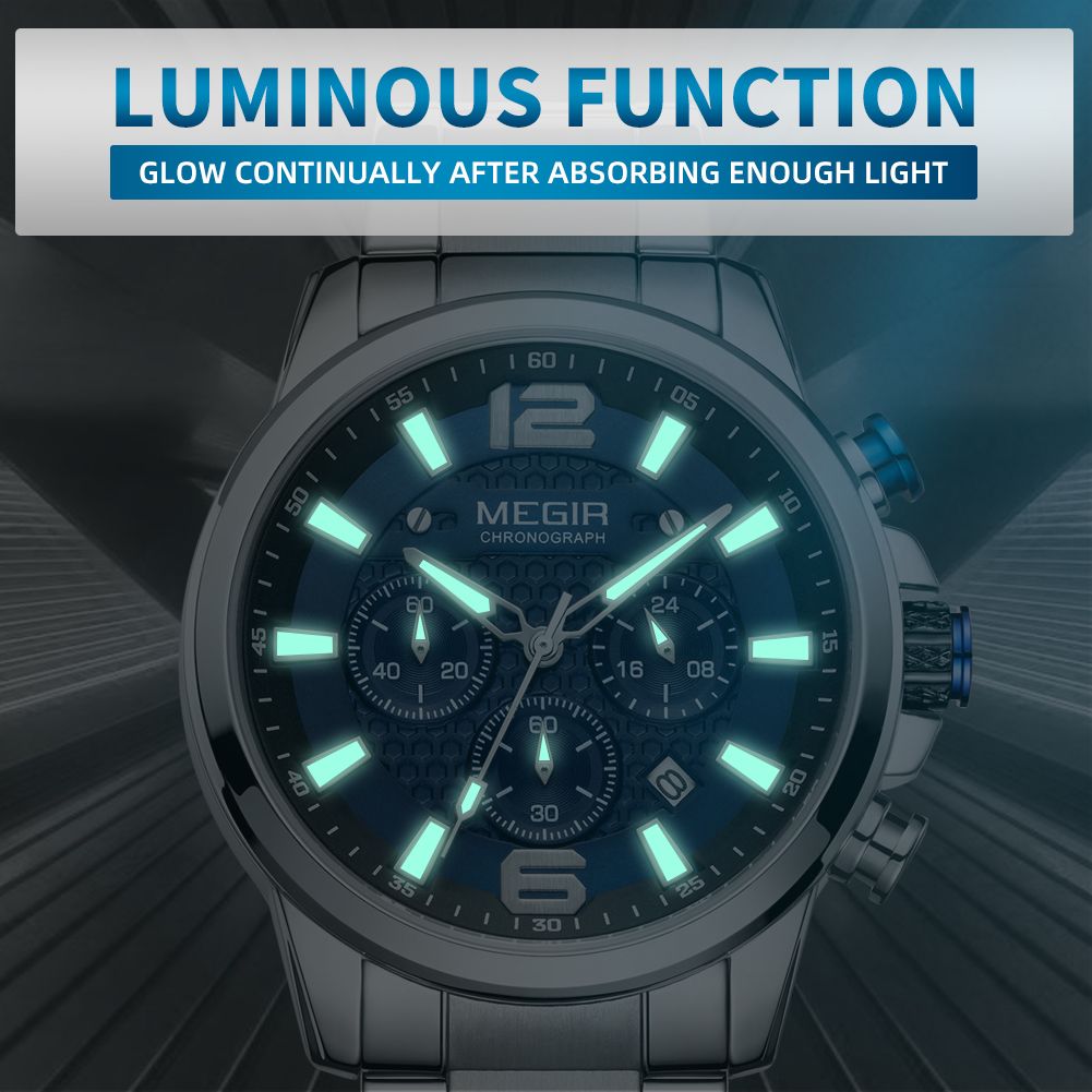 MEGIR 2156 men's chronograph watch feature graphic showing luminous hands and markers glowing in the dark