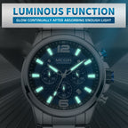 MEGIR 2156 men's chronograph watch feature graphic showing luminous hands and markers glowing in the dark