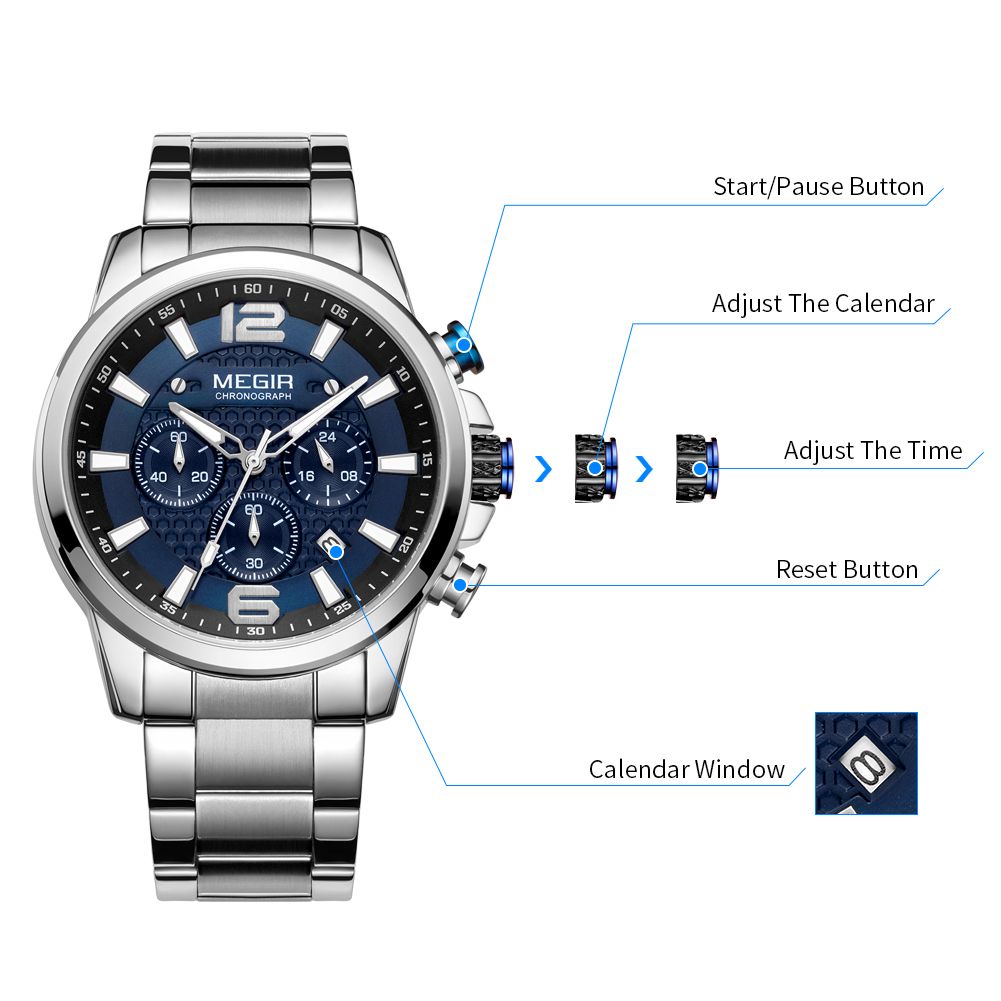 MEGIR 2156 men's chronograph watch operation graphic showing the start, calendar and reset buttons