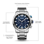MEGIR 2156 men's chronograph watch parameters graphic with case diameter, band length and thickness