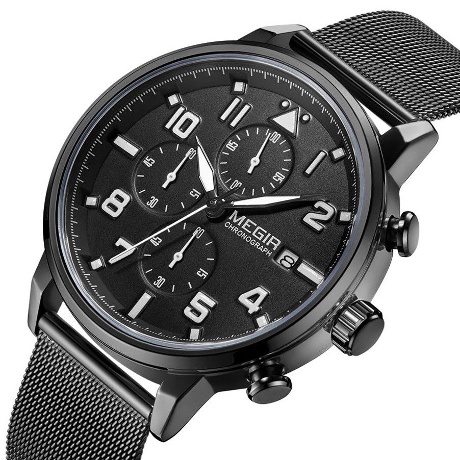 MEGIR 2157 men's chronograph watch, black case with black dial and black mesh bracelet, angled view