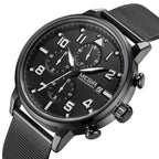 MEGIR 2157 men's chronograph watch, black case with black dial and black mesh bracelet, angled view