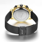 MEGIR 2157 men's chronograph watch caseback with engravings and black mesh bracelet with clasp