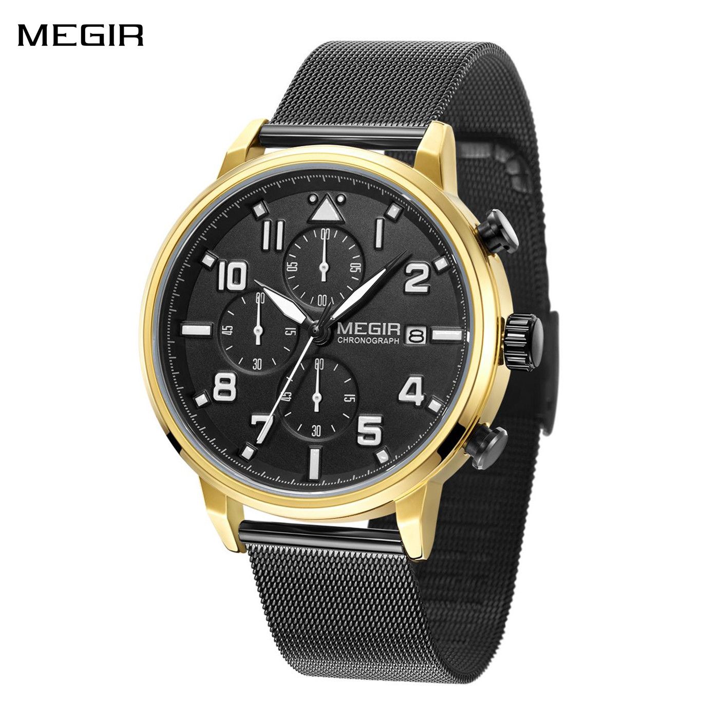 MEGIR 2157 men's chronograph watch, gold case with black dial and black mesh bracelet, front view