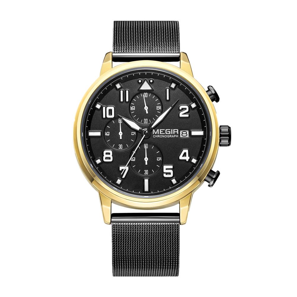 MEGIR 2157 men's chronograph watch, gold case with black dial and black mesh bracelet, front studio view