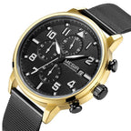 MEGIR 2157 men's chronograph watch, gold case with black dial and black mesh bracelet, angled view