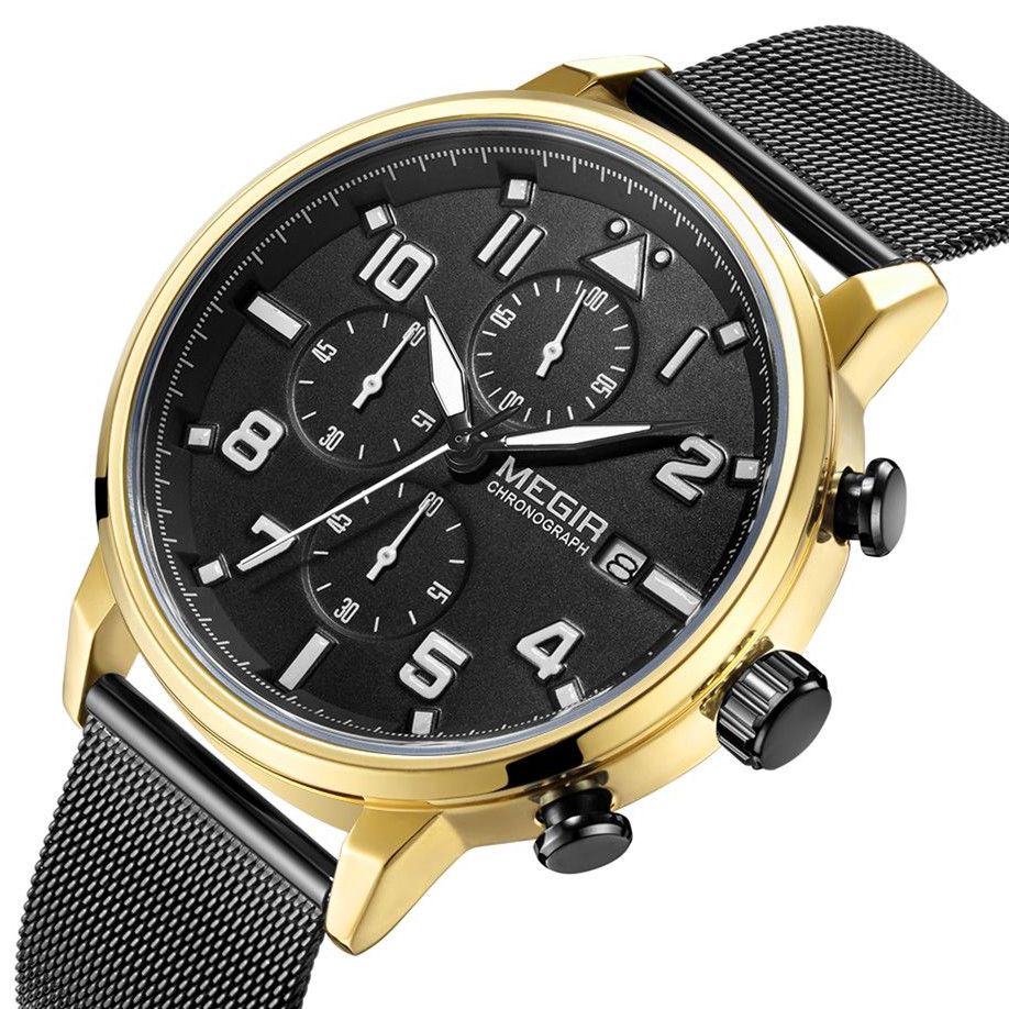 MEGIR 2157 men's chronograph watch, gold case with black dial and black mesh bracelet, angled view