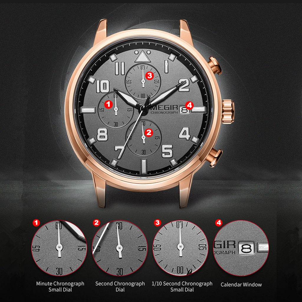 MEGIR 2157 men's chronograph watch feature graphic explaining the minute, second, 1/10-second and calendar sub-dials