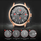 MEGIR 2157 men's chronograph watch feature graphic explaining the minute, second, 1/10-second and calendar sub-dials