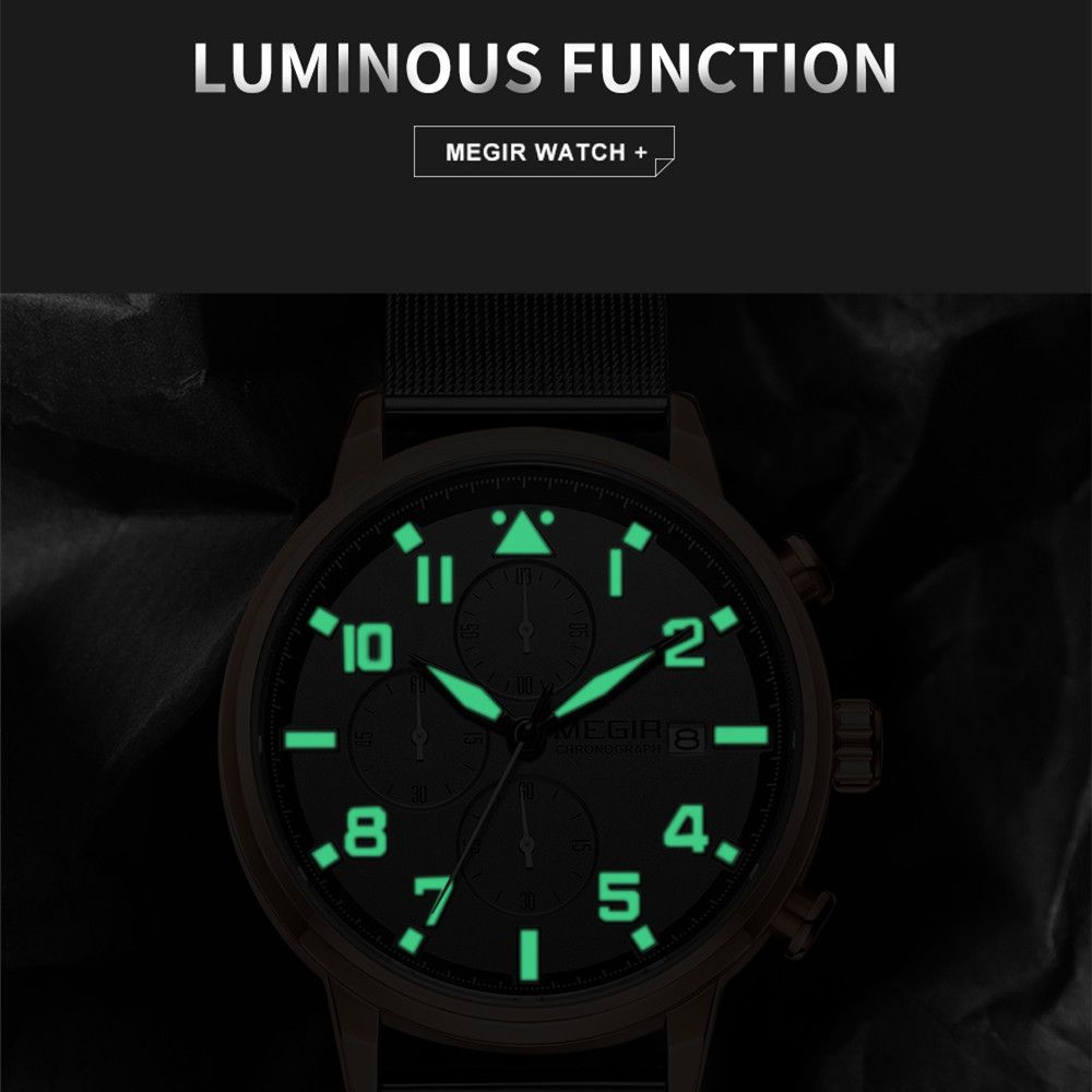 MEGIR 2157 men's chronograph watch feature graphic showing luminous hands and numerals glowing in the dark
