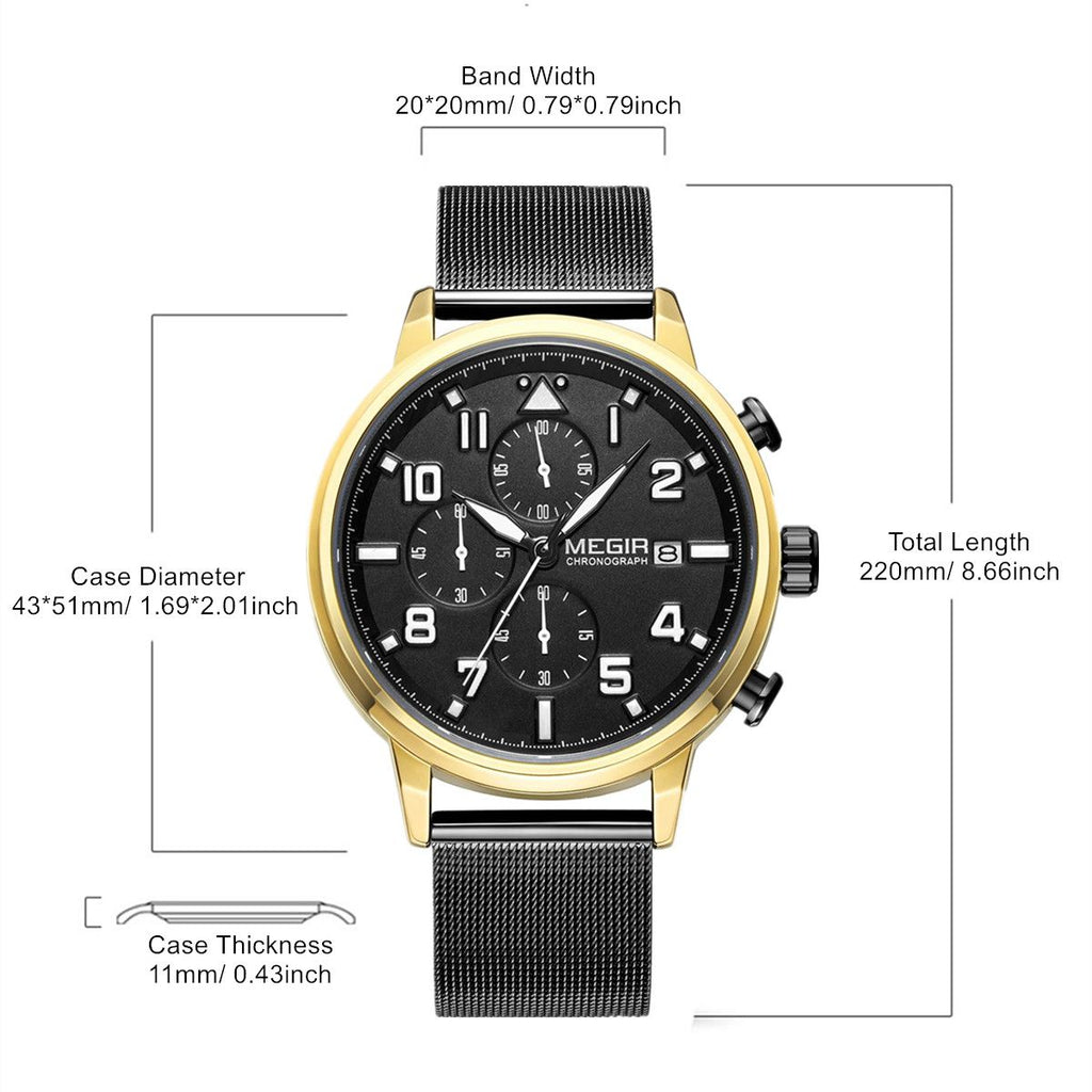 MEGIR 2157 men's chronograph watch parameters graphic with case diameter, band width and total length