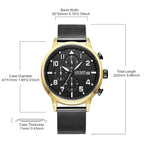 MEGIR 2157 men's chronograph watch parameters graphic with case diameter, band width and total length