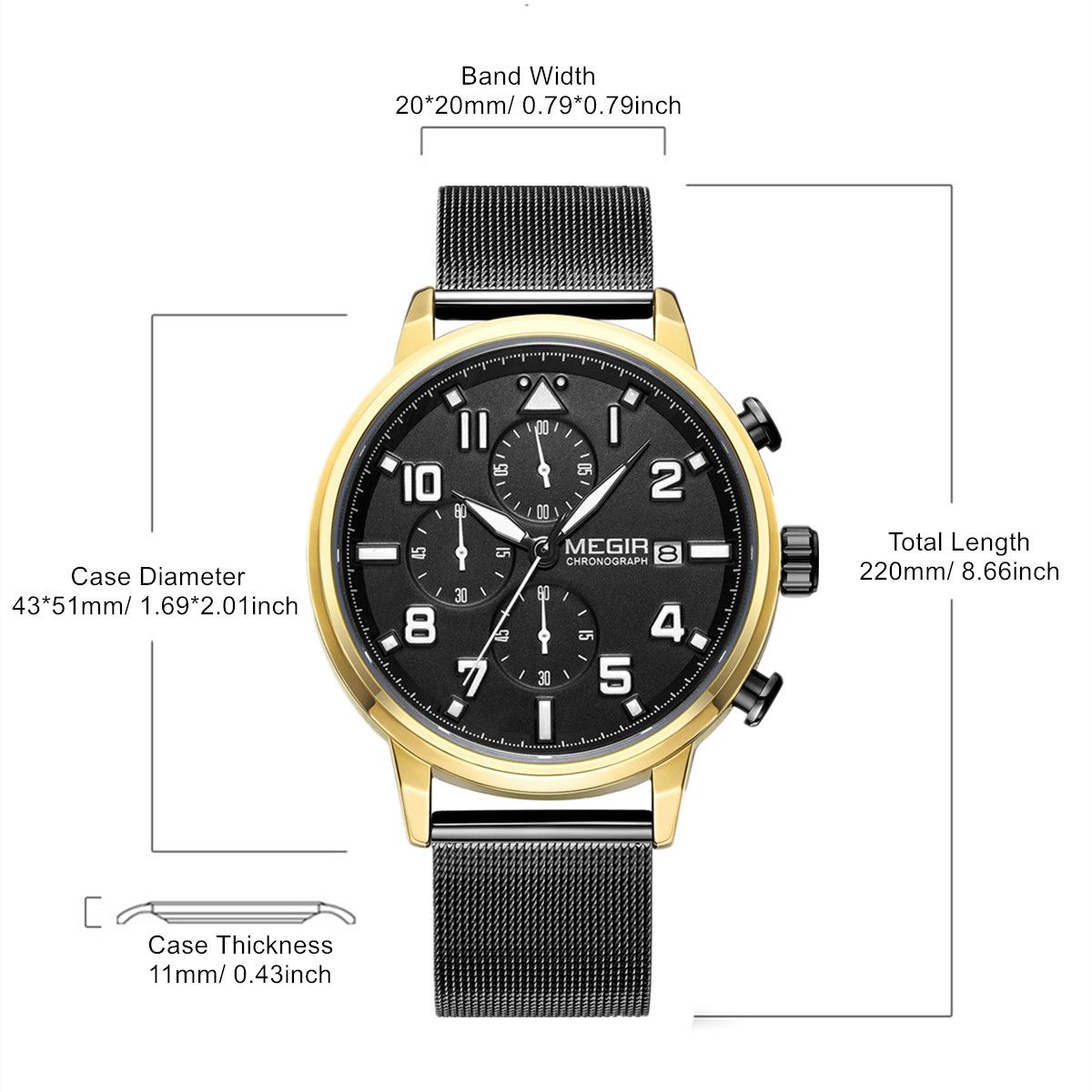 MEGIR 2157 men's chronograph watch parameters graphic with case diameter, band width and total length
