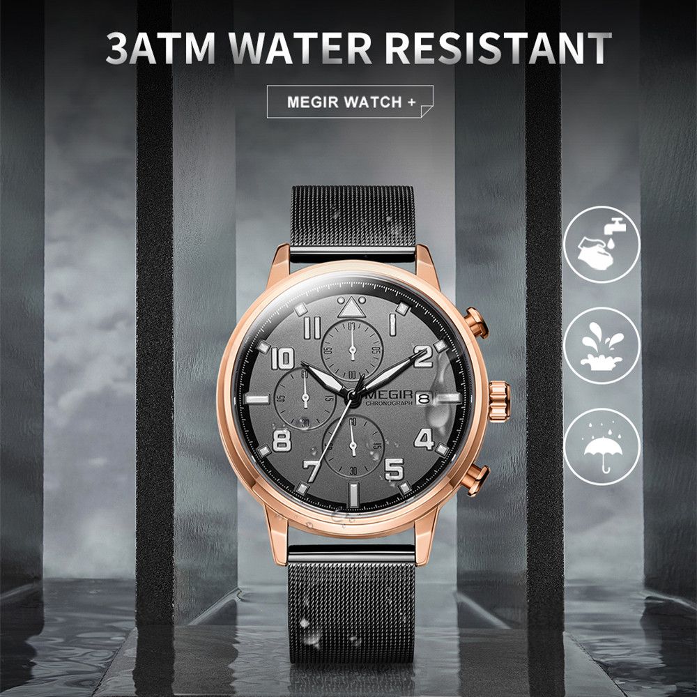 MEGIR 2157 men's chronograph watch water-resistance graphic, rose-gold case with grey dial and mesh bracelet