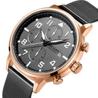 MEGIR 2157 men's chronograph watch, rose-gold case with grey dial and black mesh bracelet, angled view