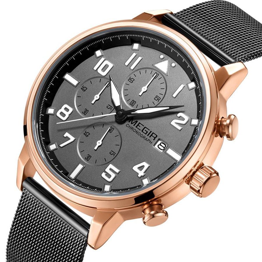 MEGIR 2157 men's chronograph watch, rose-gold case with grey dial and black mesh bracelet, angled view