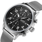 MEGIR 2157 men's chronograph watch, silver case with black dial and silver mesh bracelet, angled view