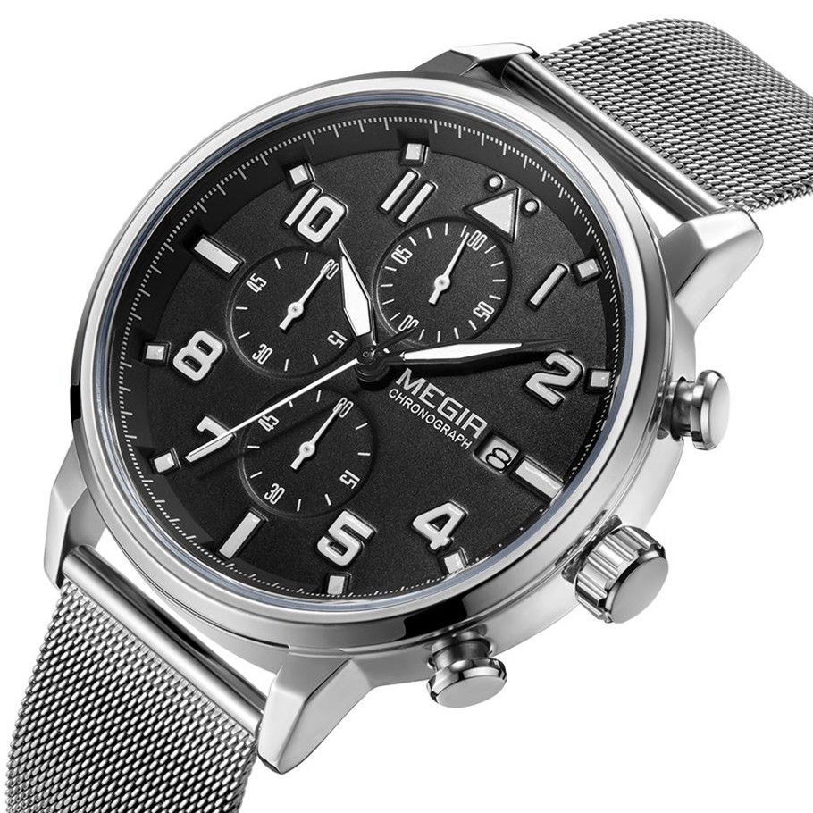 MEGIR 2157 men's chronograph watch, silver case with black dial and silver mesh bracelet, angled view