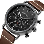 MEGIR 2158 men's chronograph watch, black case with black dial and brown leather strap, angled view