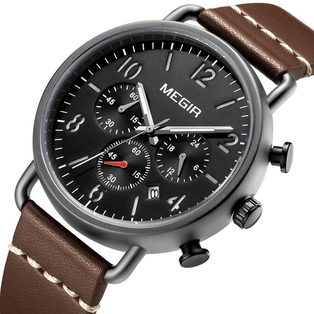 MEGIR 2158 men's chronograph watch, black case with black dial and brown leather strap, angled view