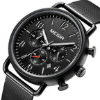 MEGIR 2158 men's chronograph watch, black case with black dial and black mesh bracelet, angled view