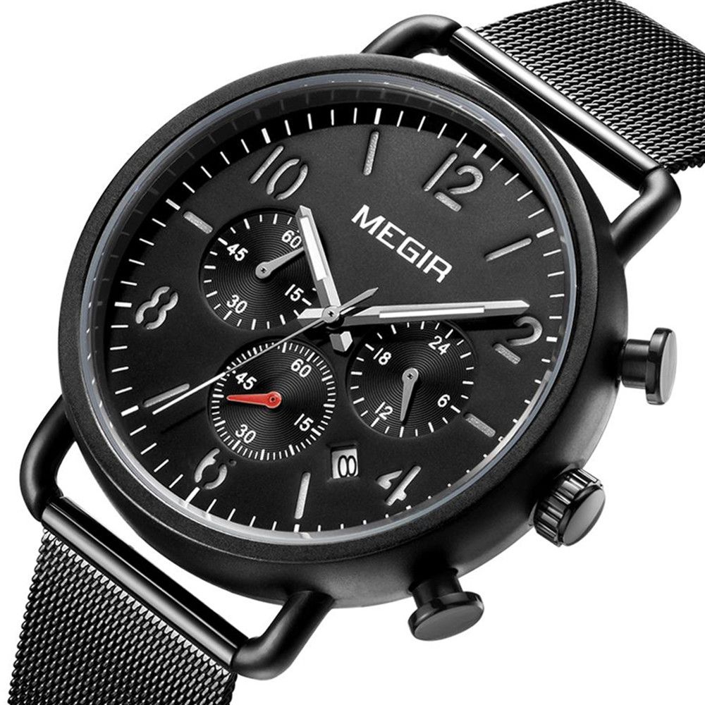 MEGIR 2158 men's chronograph watch, black case with black dial and black mesh bracelet, angled view