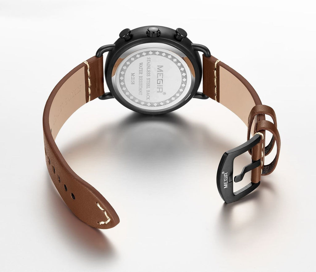 MEGIR 2158 men's chronograph watch caseback with engravings and brown leather strap with buckle