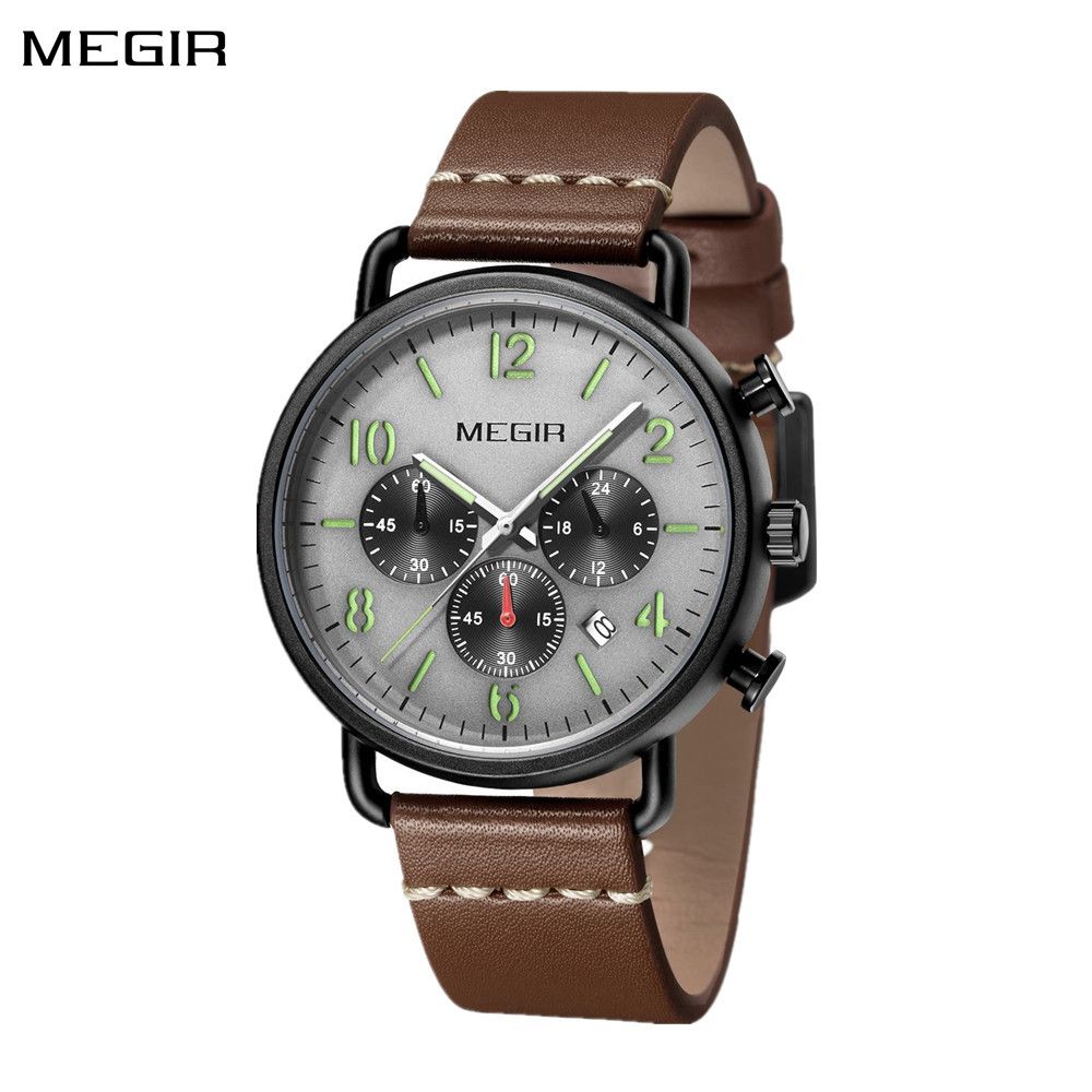MEGIR 2158 men's chronograph watch, black case with grey dial and brown leather strap, front view
