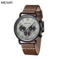 MEGIR 2158 men's chronograph watch, black case with grey dial and brown leather strap, front view