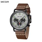 MEGIR 2158 men's chronograph watch, black case with grey dial and brown leather strap, front view
