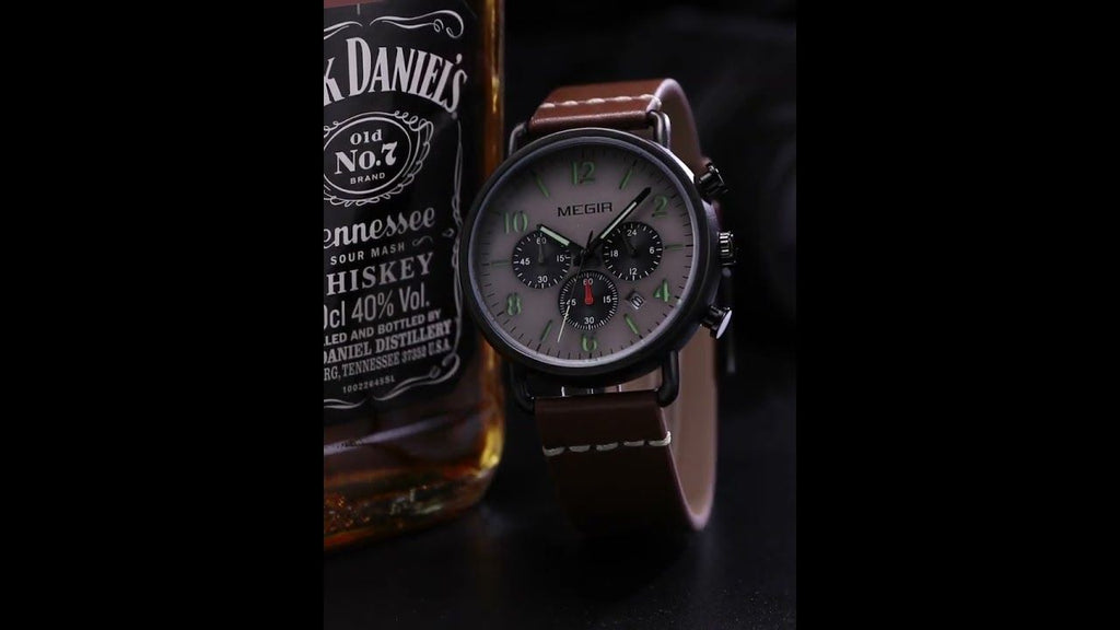 MEGIR 2158 men's chronograph watch, black case with grey dial and brown leather strap, studio view