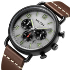 MEGIR 2158 men's chronograph watch, black case with grey dial and brown leather strap, three-quarter view