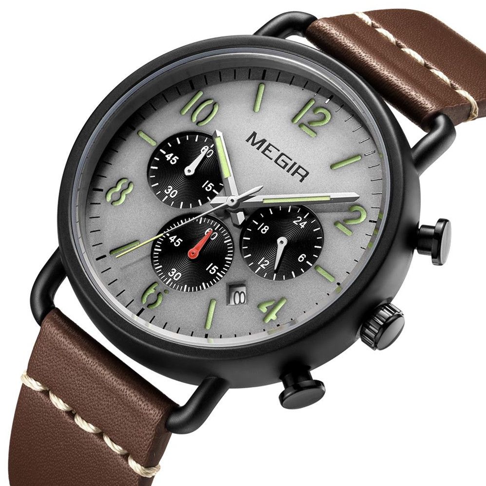 MEGIR 2158 men's chronograph watch, black case with grey dial and brown leather strap, three-quarter view