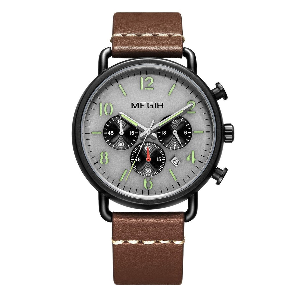 MEGIR 2158 men's chronograph watch, black case with grey dial and brown leather strap, front studio view